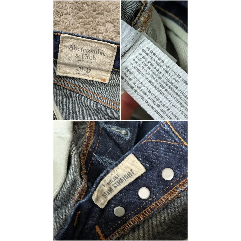 Abercrombie & Fitch Slim Straight Jeans Mens 31/32 Blue Hide button Fly Cotton